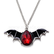 Halloween Themed Glass Bat Pendant Necklace with Enamel, Alloy Jewelry for Men Women, FireBrick, Bat: 1.21x2.91 inch(3.08x7.4cm)(HAWE-PW0001-219B)