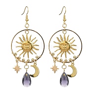 Sun & Moon & Star Alloy Chandelier Earrings, Glass Teardrop Long Drop Earrings, Golden, 83x35mm(EJEW-TA00329)
