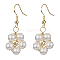 Shell Pearl Flower Dangle Earrings, Brass Wire Wrap Earrings, Golden, 38x16mm(EJEW-JE05329)