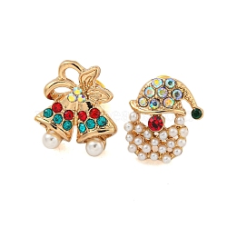 Christmas Alloy Colorful Rhinestone & Plastic Asymmetrical Stud Earrings for Women, with Brass Pins, Golden, Christmas Bell & Hat, 13.5~14.5x12~13mm(EJEW-M256-02C-G)