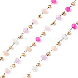 Handmade Glass Beaded Chains, Faceted, Unwelded, with 304 Stainless Steel Chains, Golden, Round, Deep Pink, 2~3x2~2.5mm(CHS-P016-45G-02)