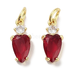 Brass Micro Pave Cubic Zirconia Charms, with Jump Ring, Heart, Real 18K Gold Plated, Red, 13x6x3mm, Hole: 3mm(KK-C051-09G-01)