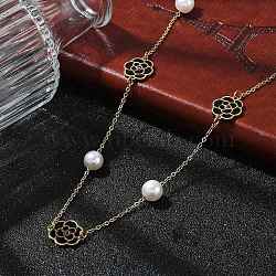 Ion Plating(IP) 304 Stainless Steel Black Enamel Flower Pendant Necklaces for Women, with Imitation Pearl, Real 18K Gold Plated, 23.23 inch(59cm)(NJEW-M078-09G)