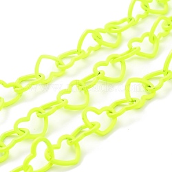 Spray Painted Brass Heart Link Chains, with Spool, Unwelded, Green Yellow, 15.5x19x2mm, 32.8 Feet(10m)/roll(CHC-I038-25C)