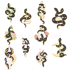 BENECREAT 10Pcs 10 Style Snake Enamel Pin, Light Gold Plated Alloy Badge for Corsage Scarf Clothes, Mixed Color, 32~36x13~23x1.5~10mm, 1Pc/style(JEWB-BC0001-08)