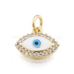 Brass Micro Pave Clear Cubic Zirconia Charms, with Enamel and Jump Rings, Golden, Evil Eye, White, 10x12x2.5mm, Hole: 3mm(KK-I691-05D)