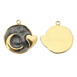 Stainless Steel Pendants, with Enamel, Golden, Flat Round with Moon & Heart Charm, Black, 17x17mm(PW-WG12496-01)