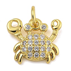 Marine Theme Rack Plating Brass Micro Pave Cubic Zirconia Pendants, Long-Lasting Plated, Cadmium Free & Lead Free, Real 18K Gold Plated, Crab, 14x13.5x4mm(KK-I718-28G-02)