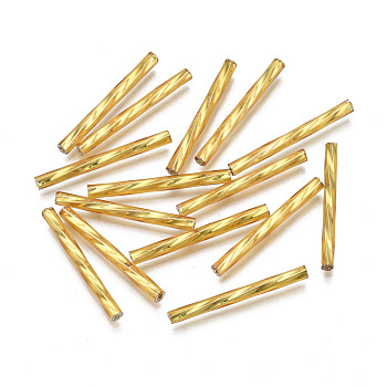 Opaque Glass Twisted Bugle Beads, Round Hole, Golden Plated, 25~26x2.5mm, Hole: 1mm, about 1500pcs/bag