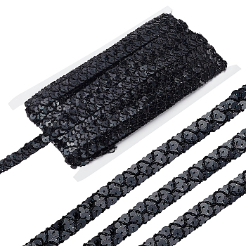 Polyester Paillette Beads, Sequins Beads, Ornament Accessories, 2 Rows Paillette Roll, Flat Round, Black, 14~15x1.5mm, about 13m/card