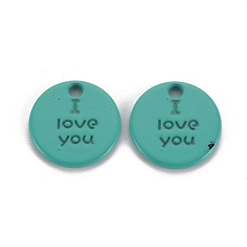 Spray Painted Alloy Charms for Valentine's Day, Cadmium Free & Lead Free, Flat Round with Phrase I Love You, Light Sea Green, 13x13x1.5mm, Hole: 1.6mm