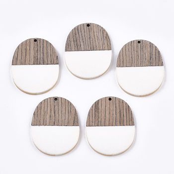 Resin & Wenge Wood Pendants, Oval, White, 44.5x34.5~35.5x3~4mm, Hole: 2mm