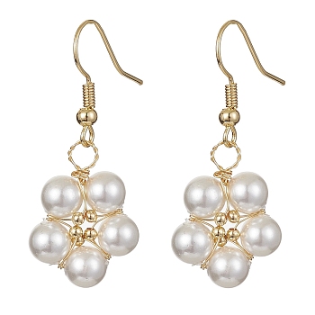 Natural Pearl Flower Dangle Earrings, Brass Wire Wrap Earrings, Golden, 38x16mm