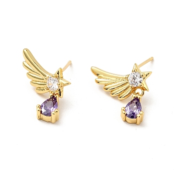 Purple Cubic Zirconia Wing with Teardrop Dangle Stud Earrings, Brass Jewelry for Women, Cadmium Free & Nickel Free & Lead Free, Real 18K Gold Plated, 15x14mm, Pin: 0.7mm