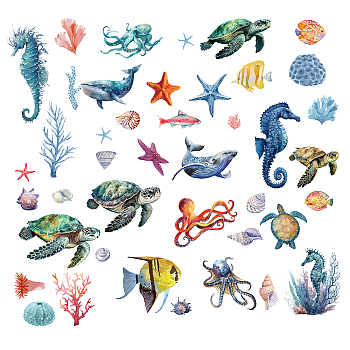 8 Sheets 8 Styles PVC Waterproof Wall Stickers, Self-Adhesive Decals, for Window or Stairway Home Decoration, Rectangle, Sea Animals, 200x145mm, about 1 sheet/style