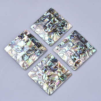 Single-Sided Natural Abalone Shell/Paua Shell Pendants, with Freshwater Shell Back, Rhombus, Colorful, 47x46~48.5x4~5mm, Hole: 1.4mm