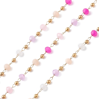 Handmade Glass Beaded Chains, Faceted, Unwelded, with 304 Stainless Steel Chains, Golden, Round, Deep Pink, 2~3x2~2.5mm