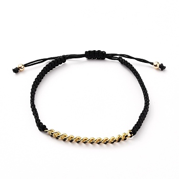 Adjustable Nylon Thread Braided Bead Bracelets, with Golden Plated Brass Enamel Curb Chains, Black, Inner Diameter: 2-1/4~3-1/2 inch (5.6~9cm)