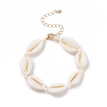 Natural Cowrie Shell Braided Beaded Bracelet for Women, Bisque, 7-5/8 inch(19.5cm)