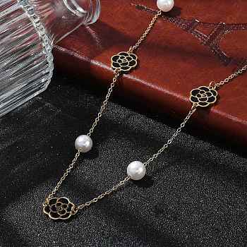 Ion Plating(IP) 304 Stainless Steel Black Enamel Flower Pendant Necklaces for Women, with Imitation Pearl, Real 18K Gold Plated, 23.23 inch(59cm)