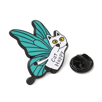 Cat with Butterfly Wing Enamel Pins, Electrophoresis Black Plated Alloy Brooch, White, 28x28x1.5mm