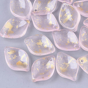 Transparent Spray Painted Glass Pendants, with Glitter Powder, Frosted, Petal, Pink, 19x13x4.5mm, Hole: 1mm
