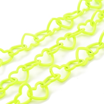 Spray Painted Brass Heart Link Chains, with Spool, Unwelded, Green Yellow, 15.5x19x2mm, 32.8 Feet(10m)/roll