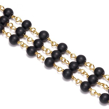 3.28 Feet Handmade Glass Beaded Chains, Unwelded, with Brass Findings, Frosted, Round, Golden, Black, 6mm