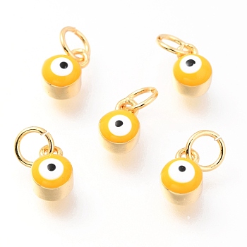 Brass Enamel Pendants, Long-Lasting Plated, Real 18K Gold Plated, with Jump Rings, Column with Evil Eye, Yellow, 7x3.5x4.5mm,Jump Ring: 5x0.6mm, 3mm inner diameter.
