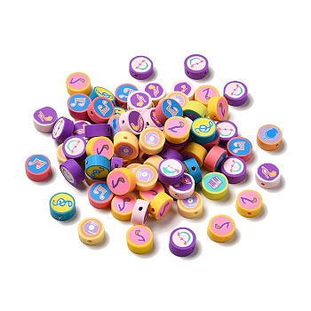 Handmade Polymer Clay Beads, Flat Round, Musical Note Pattern, 9~9.5x4~5mm, Hole: 1.6mm