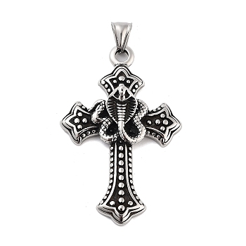 Retro 304 Stainless Steel Big Pendants, Cross with Snake Charm, Antique Silver, 61x39x7mm, Hole: 9x4mm