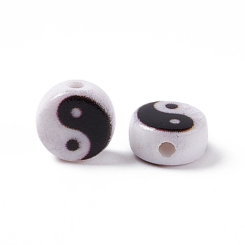 Opaque Acrylic Beads, Flat Round with Yin Yang Pattern, White, 7x3.5mm, Hole: 1.2mm