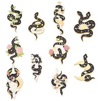 BENECREAT 10Pcs 10 Style Snake Enamel Pin, Light Gold Plated Alloy Badge for Corsage Scarf Clothes, Mixed Color, 32~36x13~23x1.5~10mm, 1Pc/style
