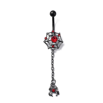 Hyacinth Rhinestone Charm Dangle Belly Rings, Alloy Belly Ring with 304 Stainless Steel with Pins for Women, Spider, 64.5x15mm