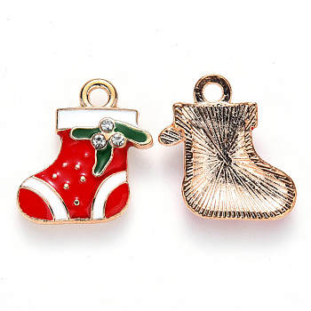Alloy Enamel Pendants, with Crystal Rhinestone, for Christmas, Christmas Sock, Light Gold, Red, 18x17x3mm, Hole: 2mm