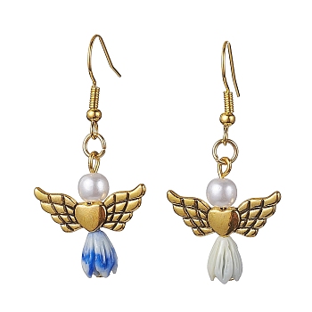 Angel Antique Golden Alloy & Resin Dangle Earrings, Imitation Pearl Acrylic Drop Earrings, Cornflower Blue, 45x21.5mm