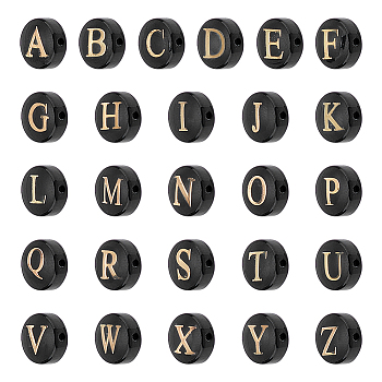 Elite 26Pcs 26 Styles Natural Sea Shell Beads, Horizontal Hole, Flat Round with Spray Painted Gold Letter, Dyed, Black, Letter A~Z, 8x5mm, Hole: 0.9mm, 1pc/style