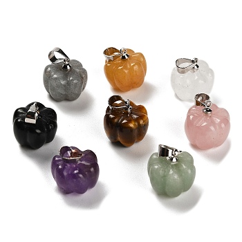 Natural Mixed Gemstone Pumpkin Charms, with Platinum Tone Rack Plating Brass Snap on Bails, Lead Free & Cadmium Free, 13.5x13mm, Hole: 4x3.5mm