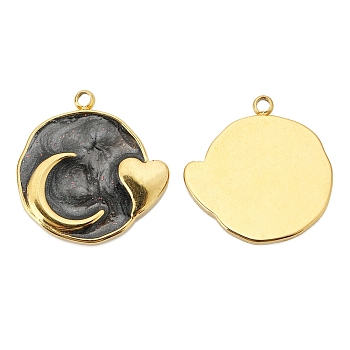 Stainless Steel Pendants, with Enamel, Golden, Flat Round with Moon & Heart Charm, Black, 17x17mm