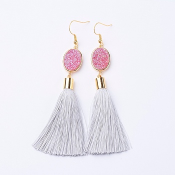 Ice Silk Thread Tassel Dangle Earrings, with Electroplated Natural Druzy Quartz Crystal and Brass Earring Hooks, Golden, WhiteSmoke, 98mm, Pin: 0.6mmg, Pendant: 80x14x7mm