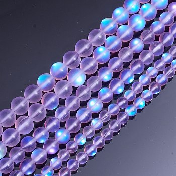 Synthetic Moonstone Beads Strands, Holographic Beads, Half AB Color Plated, Frosted, Round, with Elastic Crystal Thread, for Beaded Jewelry Making, Blue Violet, Beads: 6~10mm, Hole: 1mm, 135pcs/box