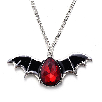 Halloween Themed Glass Bat Pendant Necklace with Enamel, Alloy Jewelry for Men Women, FireBrick, Bat: 1.21x2.91 inch(3.08x7.4cm)