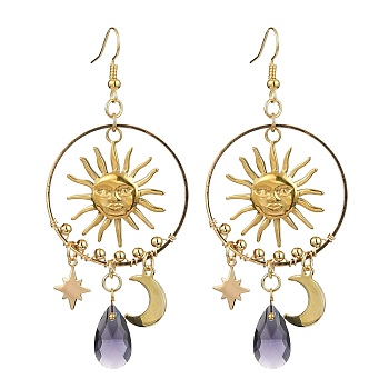 Sun & Moon & Star Alloy Chandelier Earrings, Glass Teardrop Long Drop Earrings, Golden, 83x35mm