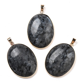 Electroplate Natural Labradorite Pendants, Brass Oval Charms with Iron Snap on Bails, 45x31~32x9mm, Hole: 6x5mm