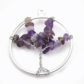 Brass Wire Wrapped Pendants, with Natural Amethyst Chip Beads, Ring with Tree, Platinum, 35x30x5~10mm, Hole: 1mm