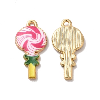Alloy Enamel Pendants, Golden, Lollipop Charm, Pink, 24x12x2mm, Hole: 1.5mm