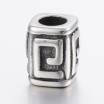 304 Stainless Steel European Beads, Large Hole Beads, Rectangle, Antique Silver, 12x10x10mm, Hole: 5mm
