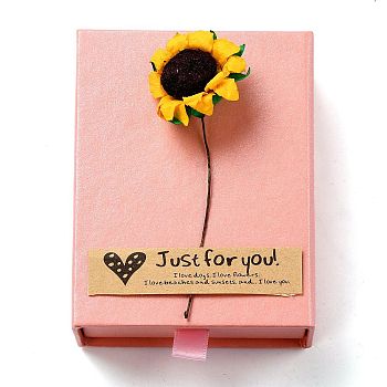 Cardboard Jewelry Box, with Paper Flower and Stickers, Rectangle, Pearl Pink, 9.05x7.05x3.05cm
