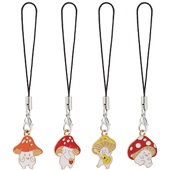 4Pcs Cell Phone Strap Charm Mushroom Alloy Enamel Charm Hanging Keychain for Women, Phone Decorations Charm, with Nylon Cord, Mixed Color, 9.7cm