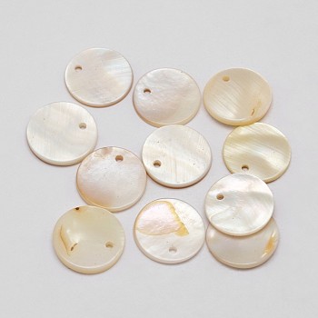 Dyed Natural Flat Round Shell Pendant, Old Lace, 15x2mm, Hole: 1.5mm